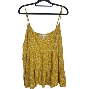 BKK Chance Tank Blouse 1X Womens Plus Size Yellow Floral Flowy‎ Light Pullover